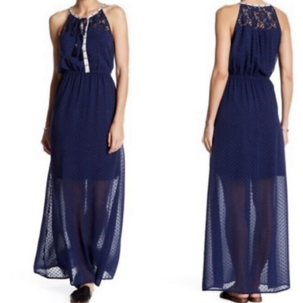 Daniel Rainn DR2 Swiss Dot Halter Boho Maxi Dress-Navy Blue